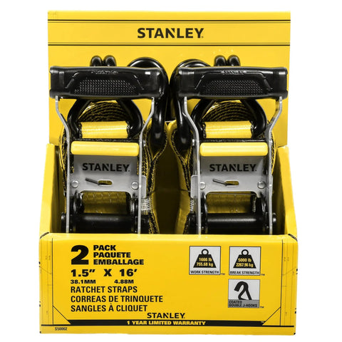 Heavy Duty Ratchet Tie Down Straps 1.5 Inch By 16 Foot 5000 Lb Load Rating 2 Pack displayed in packaging with padded handles.