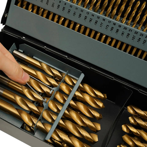 Close-up of Durable 4241 Steel High Speed Twist Drill Bit Set with round shanks stored in a sturdy iron box.