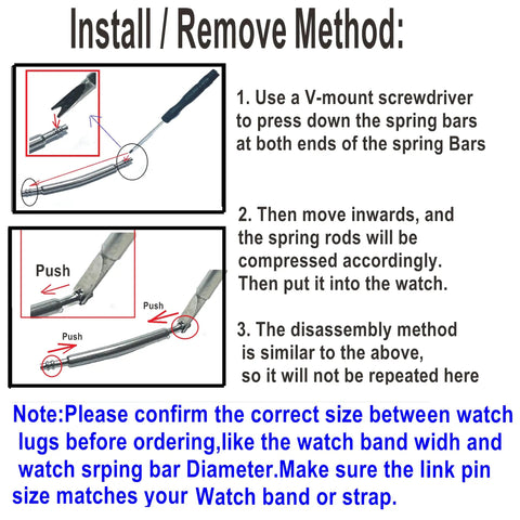 Installation instructions for 50Pcs 18mm Watch Spring Bars Replacement Kit With 1.5mm Diameter Stainless Steel Pins Double Flanged Ends