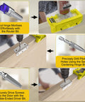 All In One Door Hinge Jig For 3 To 5 Inch Hinges With Square And Radius Corners Pro Grade Door Mortise Template For One Quarter And Five Eighths Inch Hinges Hinges No Fuss Install Yellow, demonstrating the installation process with tools