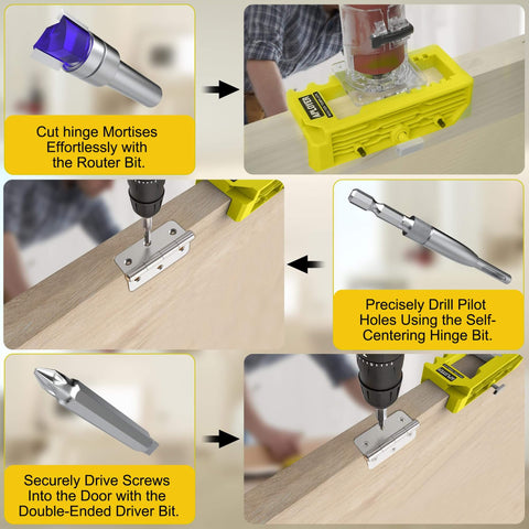 All In One Door Hinge Jig For 3 To 5 Inch Hinges With Square And Radius Corners Pro Grade Door Mortise Template For One Quarter And Five Eighths Inch Hinges Hinges No Fuss Install Yellow, demonstrating the installation process with tools