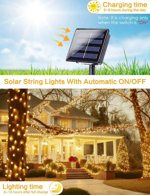 Two Pack 66ft Outdoor Solar String Lights With 200 LEDs Waterproof Copper Wire 8 Modes Warm White Twinkle Lights For Garden Patio Tree Wedding Christmas Fence Decor illuminating a house and garden at night.