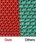 Red and green comparative image of drainage non slip floor mat for wet areas 3 by 20 feet heavy duty PVC anti fatigue rug