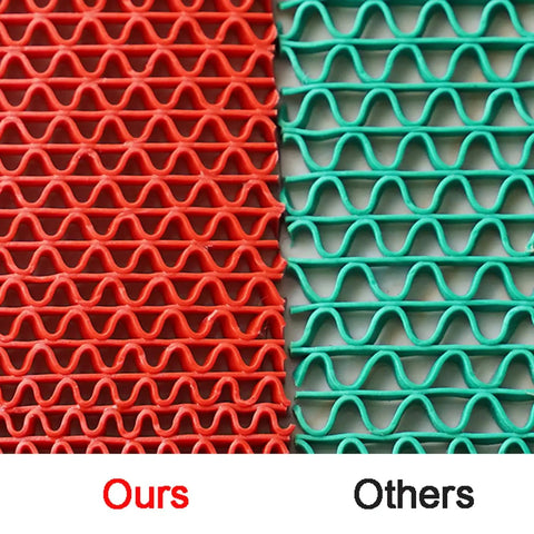 Red and green comparative image of drainage non slip floor mat for wet areas 3 by 20 feet heavy duty PVC anti fatigue rug