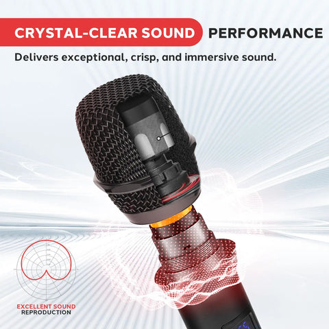 Digital Wireless Microphone System With Bluetooth close-up showing UHF handheld mic and sound performance visualization