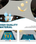 Diagram showcasing a light grey 12x14 Foot Sun Shade Sail Outdoor Canopy Rectangle Heavy Duty Shade Cloth For Backyard Yard Deck Patio Garden Light Grey, highlighting UV protection and cooling effect over a pool.