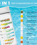 Freaking Easy 125 Pack Salt Water Pool Test Strips Kit For Hot Tub Spa Testing showing eight test parameters on a swimming pool background.