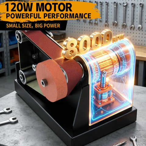 Hella Versatile Mini Belt Sander And Four In One Compact Grinder With Polishing Wheel And Sanding Disc For Knife Making Woodworking And Top Shelf Diy Repair Twenty By One Point Two Inch Belt showing 120W motor and sanding belt.