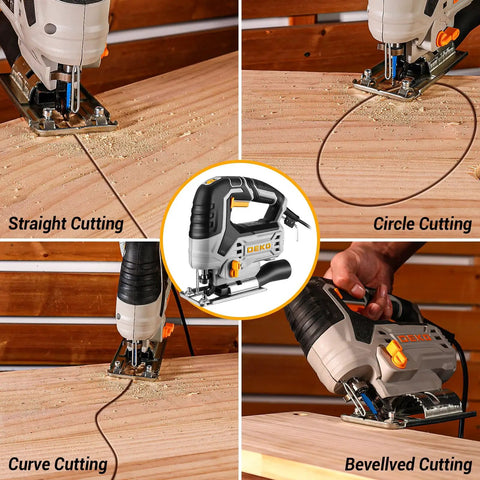 Tough As Nails Corded Jigsaw Saw With Quick Release Blades, Smooth Precision Wood Cutter performing straight and curve cuts.