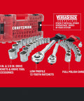 Knuckle Busting 71 Piece Mechanics Tool Set With 1/4 And 3/8 Inch Drive Sockets in full polish chrome finish with low profile ratchets.