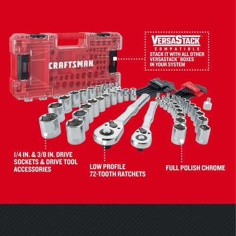 Knuckle Busting 71 Piece Mechanics Tool Set With 1/4 And 3/8 Inch Drive Sockets in full polish chrome finish with low profile ratchets.
