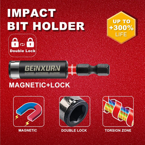 Impact bit holder with magnetic lock and double lock features, emphasizing enhanced durability and performance.
