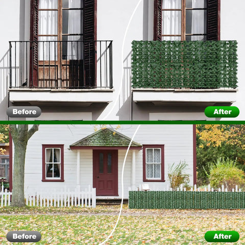 Before and after installation of Faux Ivy Privacy Fence Screen 40X120 Inches on balcony and garden fence for added privacy and decor