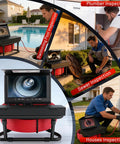 Badass Heavy Duty Self Leveling 7 Inch Sewer Camera With 100 Foot Waterproof Cable For Smooth Pipe Drain Inspections and Quick Fix Clog Diagnostics Tool in use for various inspections.