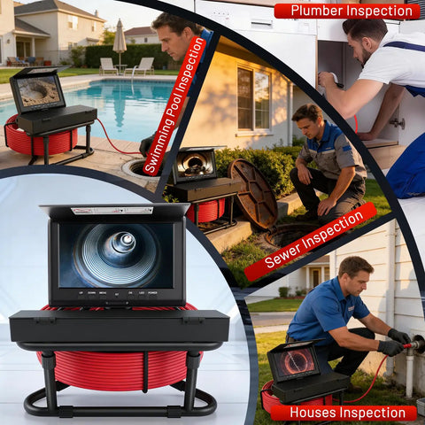 Badass Heavy Duty Self Leveling 7 Inch Sewer Camera With 100 Foot Waterproof Cable For Smooth Pipe Drain Inspections and Quick Fix Clog Diagnostics Tool in use for various inspections.