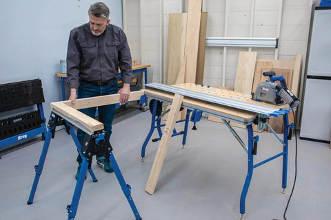 Level Up Your Shop Rig With These Knockout Adaptive Cutting System Extension Brackets That Bolt Right Onto Standard Workbenches Or Portable Project Tables For Quick Setup. Wooden rails mounted for cutting.