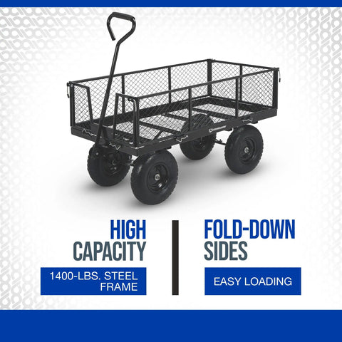 Heavy Duty Steel Jumbo Garden Wagon With Removable Sides, 1400 Lb Capacity, 50 Inch Bed, 13 Inch Pneumatic Tires, Fold Down Panels