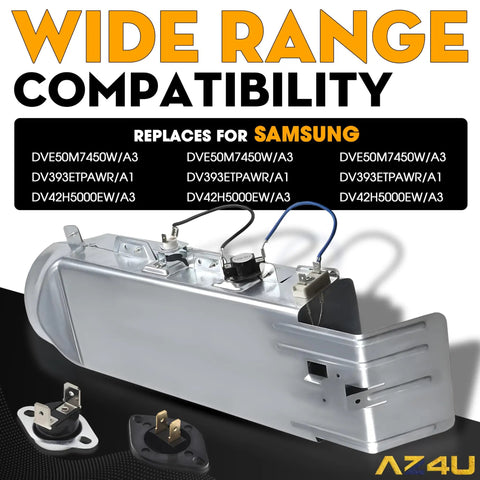 Durable Dryer Heating Element Assembly Replacement For Go To Dryers Models DV42H5200EP A3, DV42H5200EF A3, DV42H5200EW A3, DV42H5000EW A3, DV48H7400EW A2, DV363EWBEUF A1, DV361EWBEWR A3, DV419AEW XAA, DV448AEW XAA, DV393ETPAWR A1 shown with components