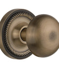 Rope Rosette Door Knob Set With New York Knob In Antique Brass, Passage Function, 2 3/8 Backset, Vintage Style Door Hardware