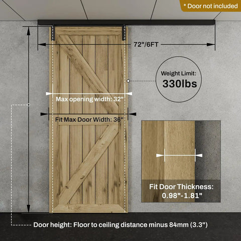Heavy Duty Ceiling Mount Box Rail Barn Door Hardware Kit For Single Door Six Foot Sliding Track No Frills Aluminum Alloy System Supports Up To 330 Lbs Fits Doors Up To 32 Inch Opening And 36 Inch Panel Width