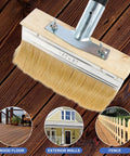 All In One Deck Stain Brush Kit With 67 Inch Extendable Handle, 8 Section Adjustable Pole, Boar And Wire Blend Bristles, Limewash Finish Tool shown on wood surface with examples of wood floor, exterior walls, and fence projects.