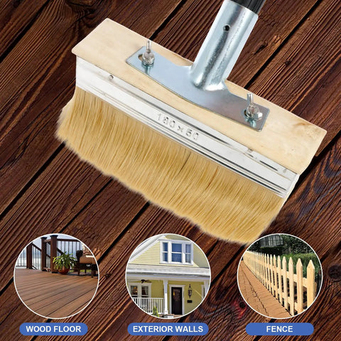 All In One Deck Stain Brush Kit With 67 Inch Extendable Handle, 8 Section Adjustable Pole, Boar And Wire Blend Bristles, Limewash Finish Tool shown on wood surface with examples of wood floor, exterior walls, and fence projects.