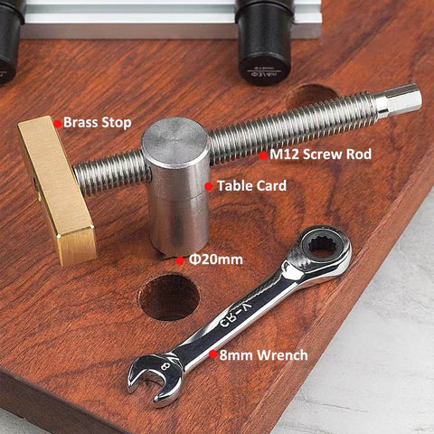 Two Pack Bench Dog Clamps For 20mm Holes Adjustable Desktop Vise Clips For Woodworking Benches DIY Joinery Tool Silver Carpenter Fixtures You Can Trust For Stable Precise Setups And Quick Positioning, shown with brass and steel components on wood surface.