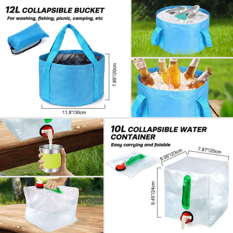 Go To Ultimate 29 Piece Camping Cookware Mess Kit with collapsible bucket and water container shown outdoors