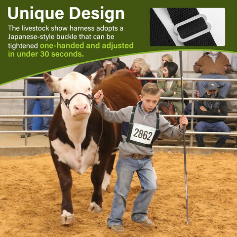 Youth wearing Adjustable Exhibitor Number Harness For 4 H And FFA Shows With 1 Inch Nylon Webbing Lightning Fast Number Change for...