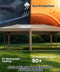 10x20 Pop Up Canopy Tent With Mosquito Netting, waterproof beige outdoor shelter with PU coating and UV protection, grassy background
