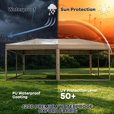 10x20 Pop Up Canopy Tent With Mosquito Netting, waterproof beige outdoor shelter with PU coating and UV protection, grassy background