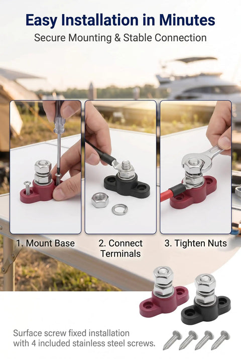 Legit Single Stud Battery Distribution Block With Top Post Layout And 3/8 Inch Threads installation steps showing mounting and connecting.