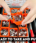 Hands holding box of Single Ear Hose Clamp Kit With Crimping Pliers, 304 Stainless Steel, organized in tool case, leak-proof use.