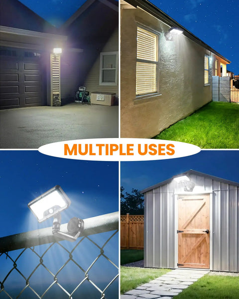 Magnetic Solar Lights Outdoor 600LM Motion Sensor LED Security Lights installed on garage, house, fence, and shed at night