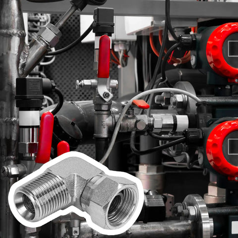 Heavy Duty Hydraulic Fitting Half Inch Male NPTF To Half Inch NPSM Female Swivel 90 Degree Elbow SAE Pipe Joint Connector Built To Last Forged Carbon Steel Hose Adapter For Hydraulic Systems, installed in a hydraulic line
