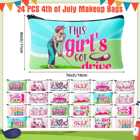 Golf Makeup Bag Set 24 Pieces Bulk Canvas Cosmetic Pouches Zip Bags 7 x 4 Inches, 'This Girl's Got Drive' style, green and pink