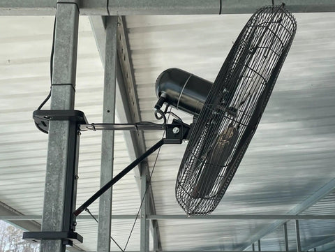 Heavy Duty Boat Dock Fan Mount For Four Inch Square Posts Featuring No Sweat Easy Installation with a sturdy aluminum bracket holding a large fan.