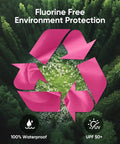 Fluorine Free Environment Protection graphic with pink recycling symbol over forest background, labeled 100% Waterproof and UPF 50+.