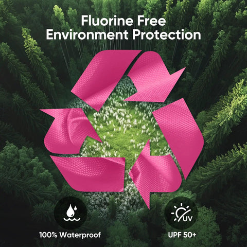 Fluorine Free Environment Protection graphic with pink recycling symbol over forest background, labeled 100% Waterproof and UPF 50+.