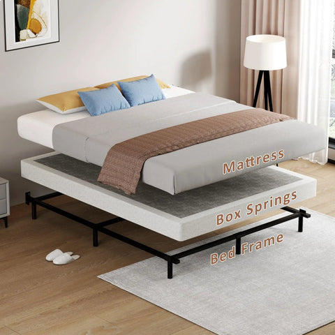 Full Size Box Spring And Mattress Foundation 5 Inch Low Profile Heavy Duty Metal Bed Base showing mattress, box springs, and bed frame.