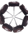 Seven Pack Abrasive Cloth Flap Wheel With One Quarter Inch Shank 80mm Diameter For Woodworking Root Carving And Furniture Polishing Grits 80 120 150 180 240 320 400 displayed in a circular formation