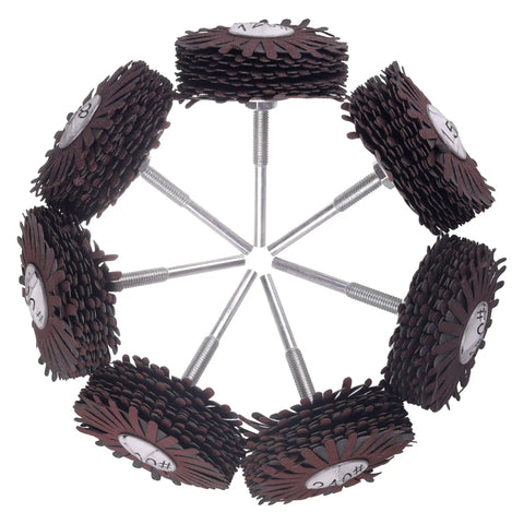 Seven Pack Abrasive Cloth Flap Wheel With One Quarter Inch Shank 80mm Diameter For Woodworking Root Carving And Furniture Polishing Grits 80 120 150 180 240 320 400 displayed in a circular formation