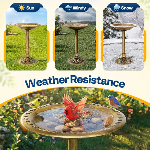 Weather Resistant Outdoor Polyresin Bird Bath with 28 Inch Pedestal and 20 Inch Bowl in Antique Copper Finish for all seasons