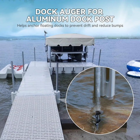 Heavy Duty Dock Pole Auger Anchor Kit Marine Grade Spiral Design anchored in aluminum dock post to prevent drifting.