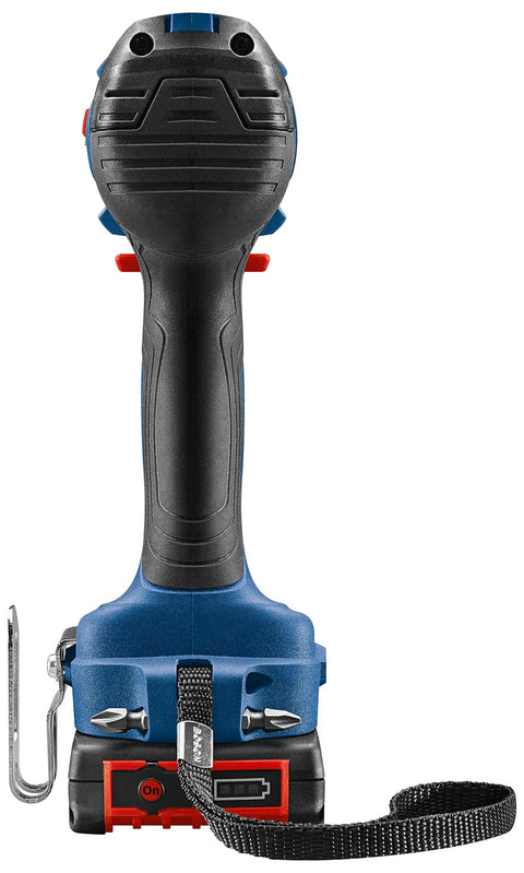 Rear view of 18V 1/4 Inch Hex Impact Driver Kit with 2Ah Battery showing grip, hook, and strap, lightweight cordless tool