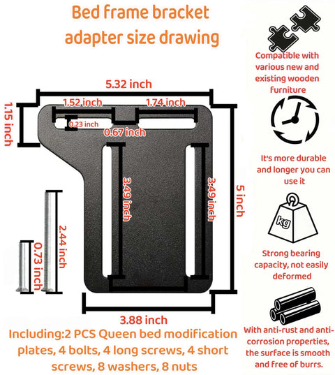 Heavy Duty 2 Pack Full To Queen Bed Conversion Kit With Sturdy Steel Headboard Brackets For Metal Frames size drawing and specifications.