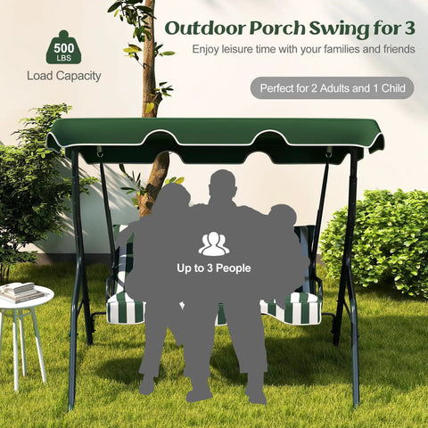 Three Person Porch Swing With Canopy And Removable Cushions, Heavy Duty Powder Coated Steel Frame, Outdoor Patio Swing