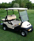 Golf cart on grass with Universal Golf Cart Seat Cover Towel Blanket With Four Front Pockets Non Slip Backing and Soft Comfortable Fit.