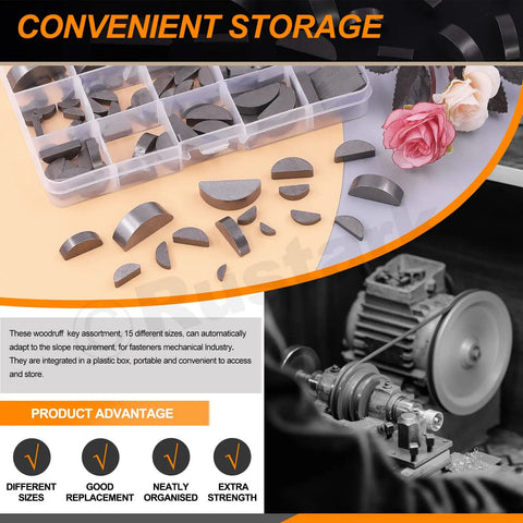 Woodruff Key Stock Assortment Kit 155 Piece Half Moon Semicircle Flywheel Key Set With 17 Sizes Metric Hardware in storage tray