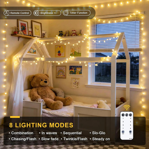 100 LED Globe String Lights Indoor Outdoor 33ft Warm White With Remote Connectable Fairy Lights decorating a bedroom